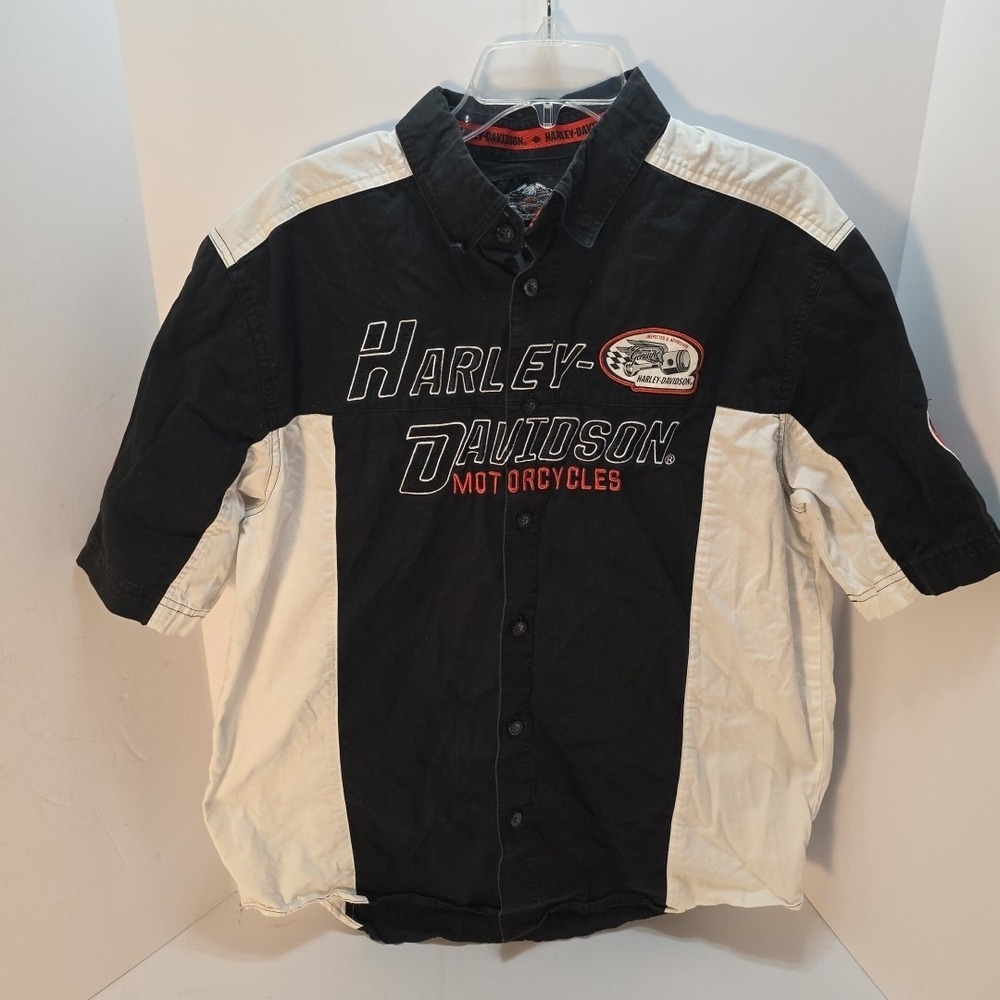 MEN'S HARLEY DAVIDSON MOTORCYCLE BUTTON UP SHIRT WITH PATCHES SZ L